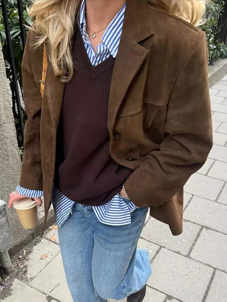 Elegant Women's Oversized Brown Suede Trench Coat with Wide Lapel for Autumn/Winter-3