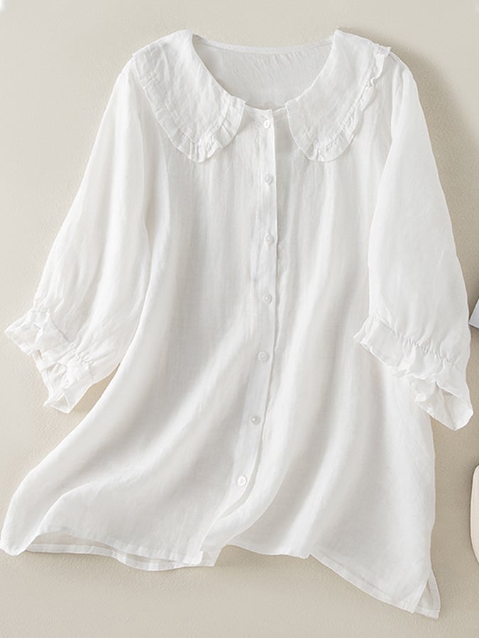 Variant image for Women's White Blouse - Loose Fit Cotton Linen Shirt with Ruffled Collar-9