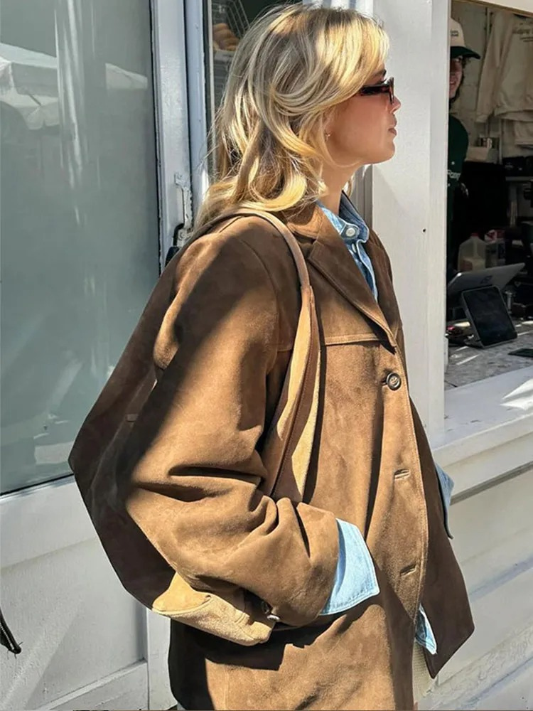 Elegant Women's Oversized Brown Suede Trench Coat with Wide Lapel for Autumn/Winter-4