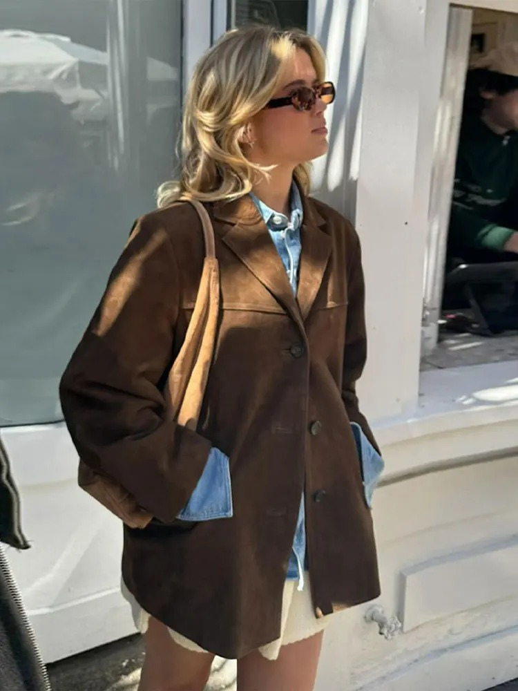 Elegant Women's Oversized Brown Suede Trench Coat with Wide Lapel for Autumn/Winter-5