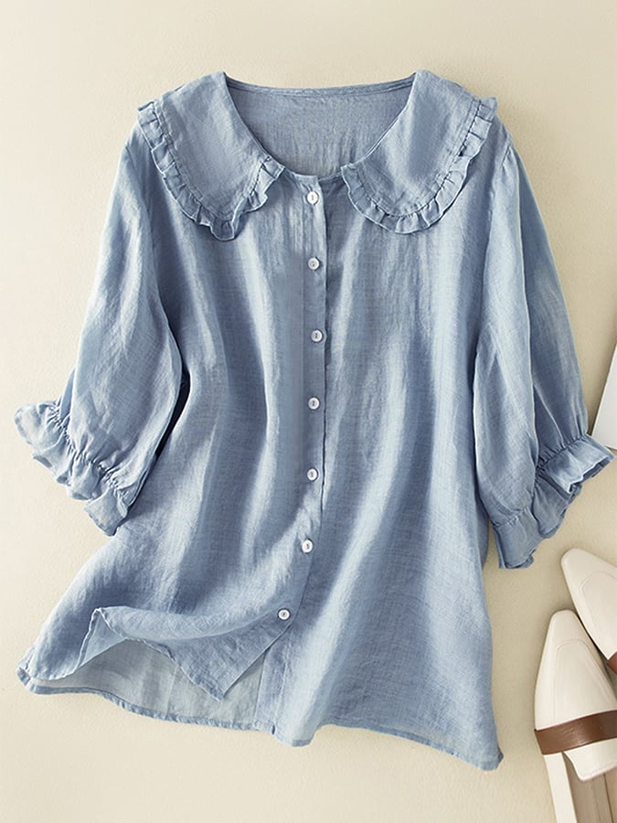 Variant image for Women's White Blouse - Loose Fit Cotton Linen Shirt with Ruffled Collar-1