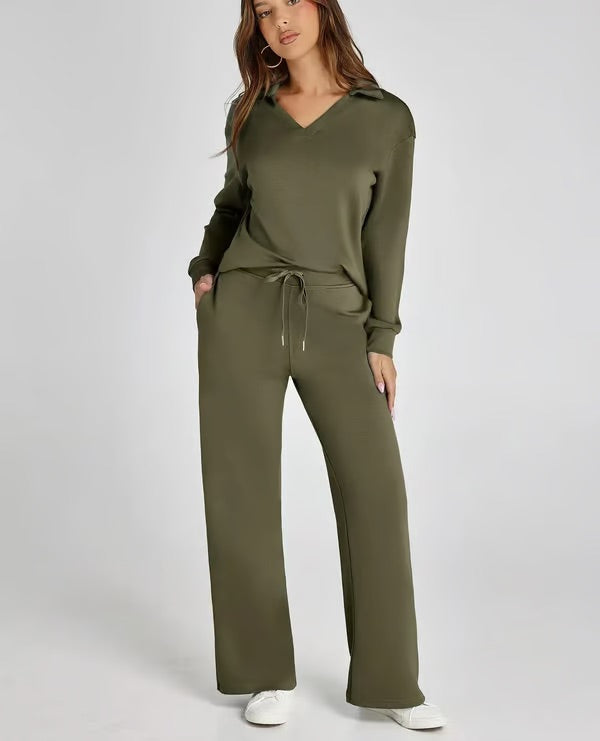 Bella Notte | Women's Two Piece Set – Elegant V-Neck Sweatshirt & Trousers-1