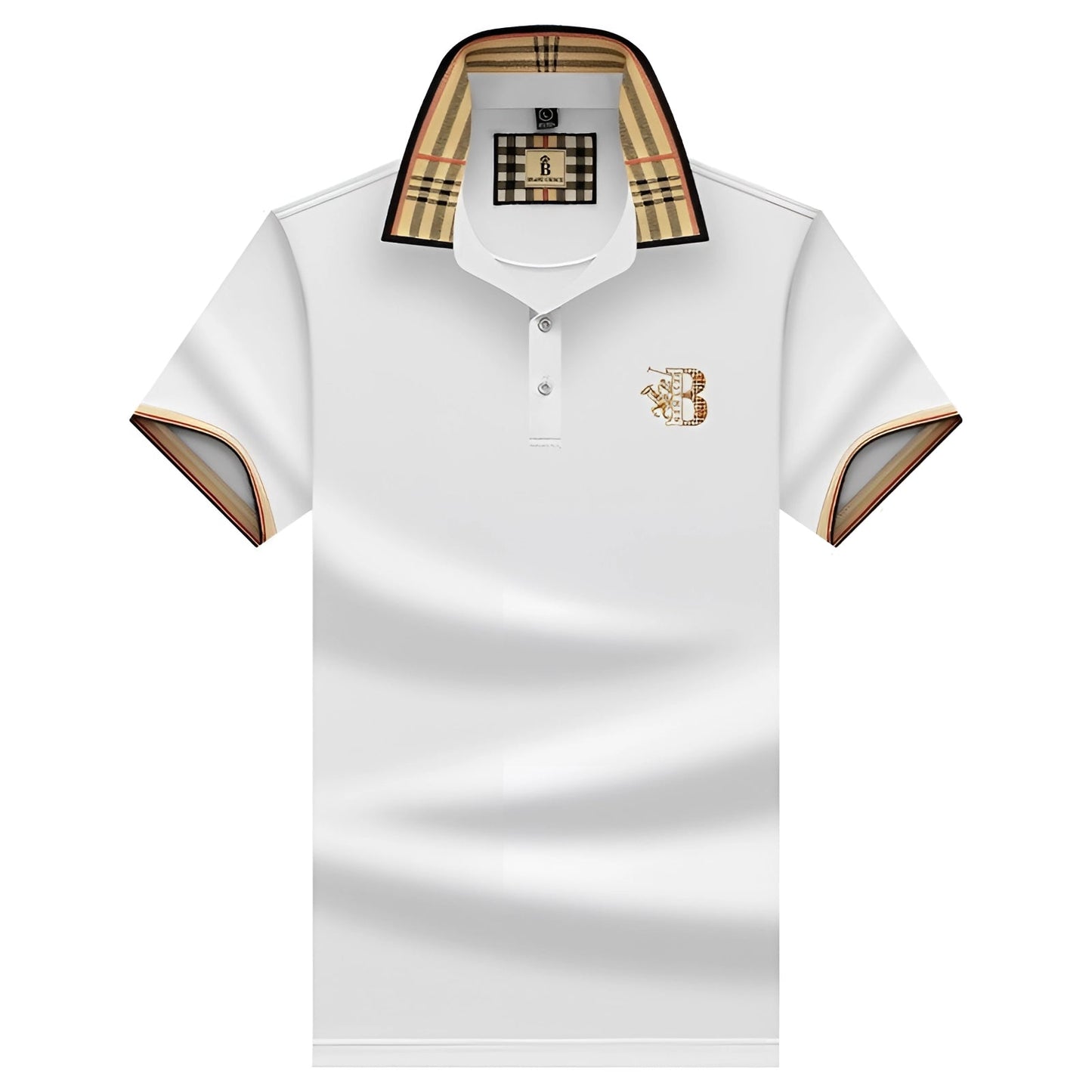 Variant image for Elegant Black Mens Polo Shirt with Plaid Collar & Gold Crest for Comfort-7