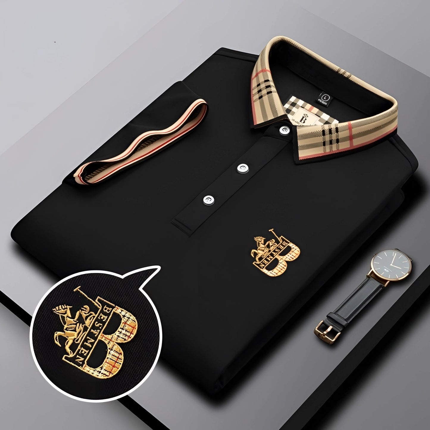 Variant image for Elegant Black Mens Polo Shirt with Plaid Collar & Gold Crest for Comfort-1