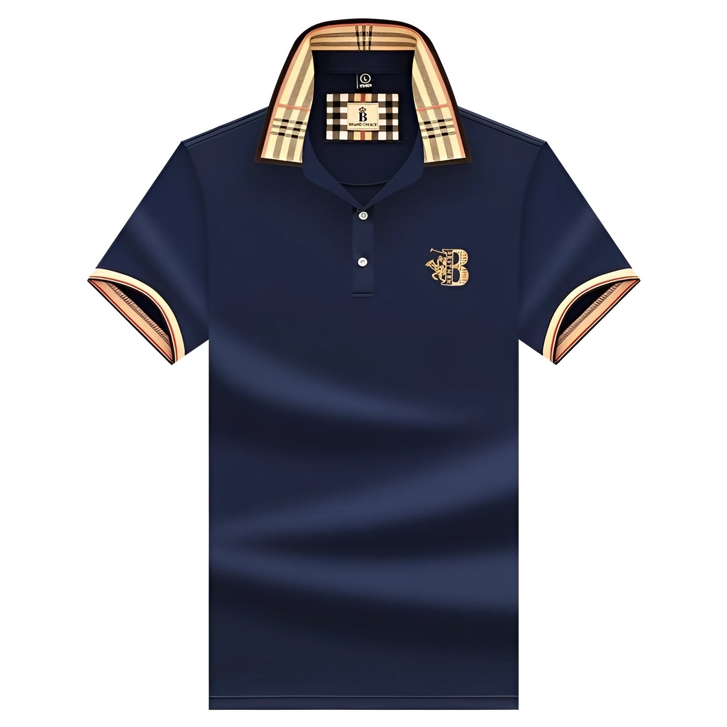 Variant image for Elegant Black Mens Polo Shirt with Plaid Collar & Gold Crest for Comfort-13