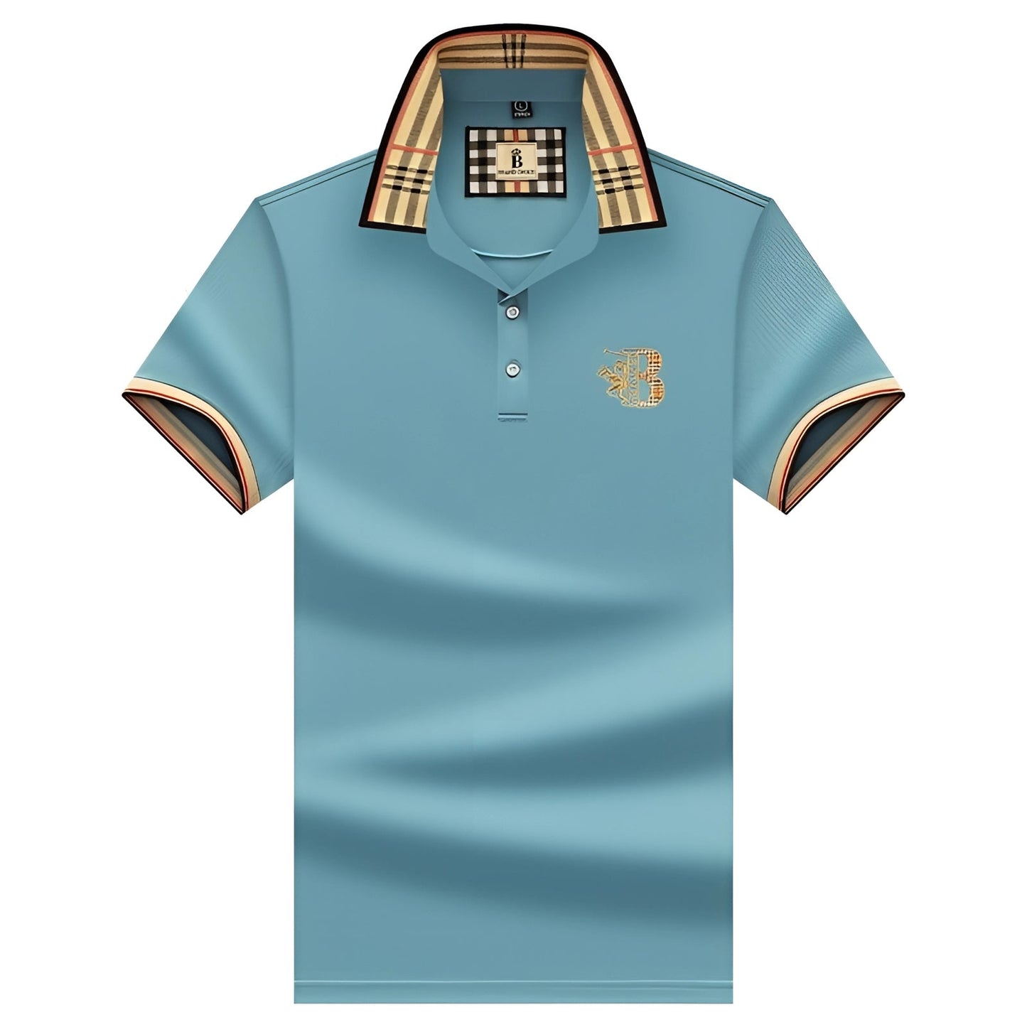 Variant image for Elegant Black Mens Polo Shirt with Plaid Collar & Gold Crest for Comfort-19