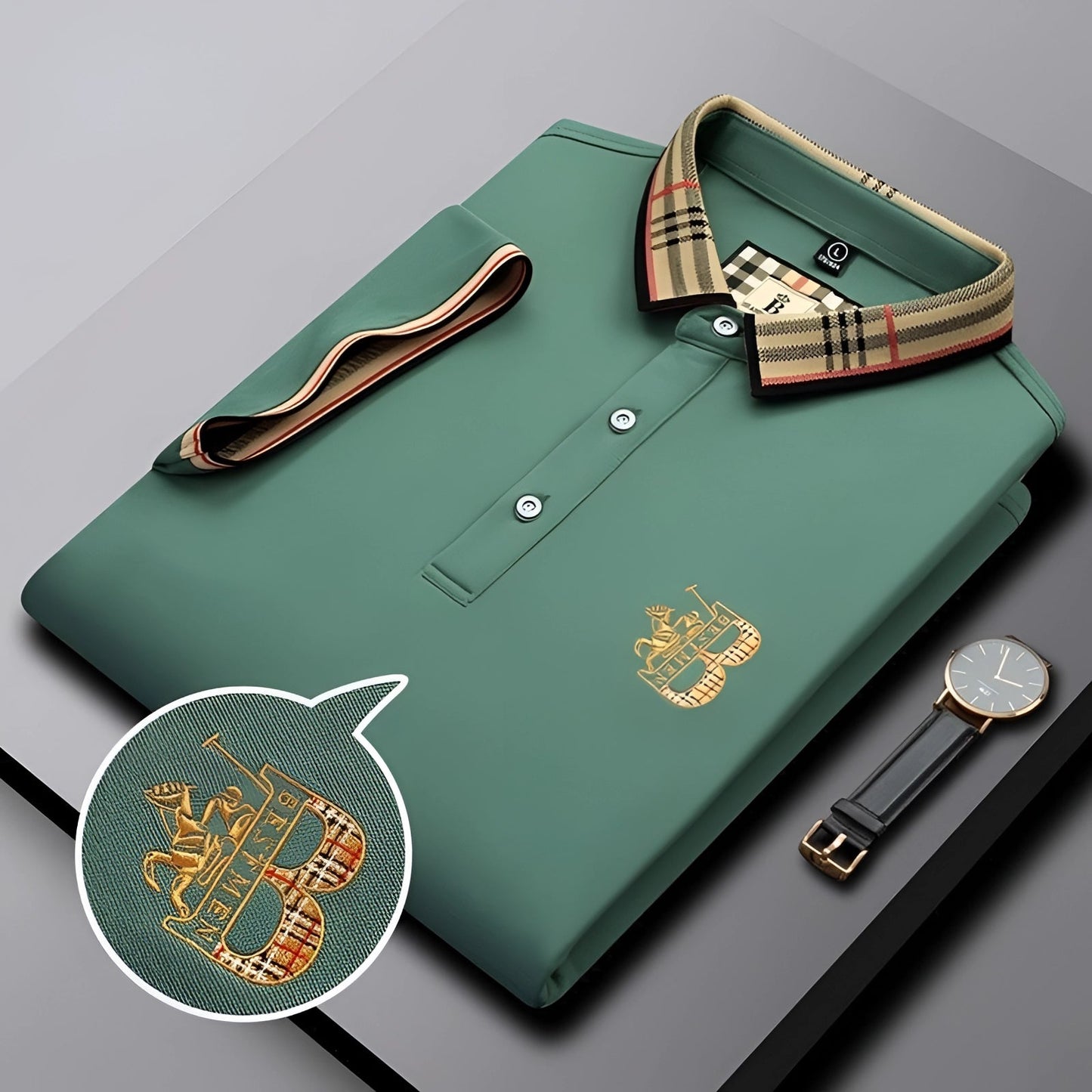 Elegant Black Mens Polo Shirt with Plaid Collar & Gold Crest for Comfort-6