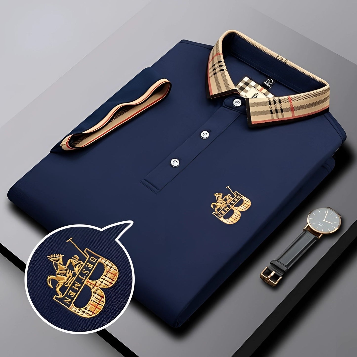 Elegant Black Mens Polo Shirt with Plaid Collar & Gold Crest for Comfort-4
