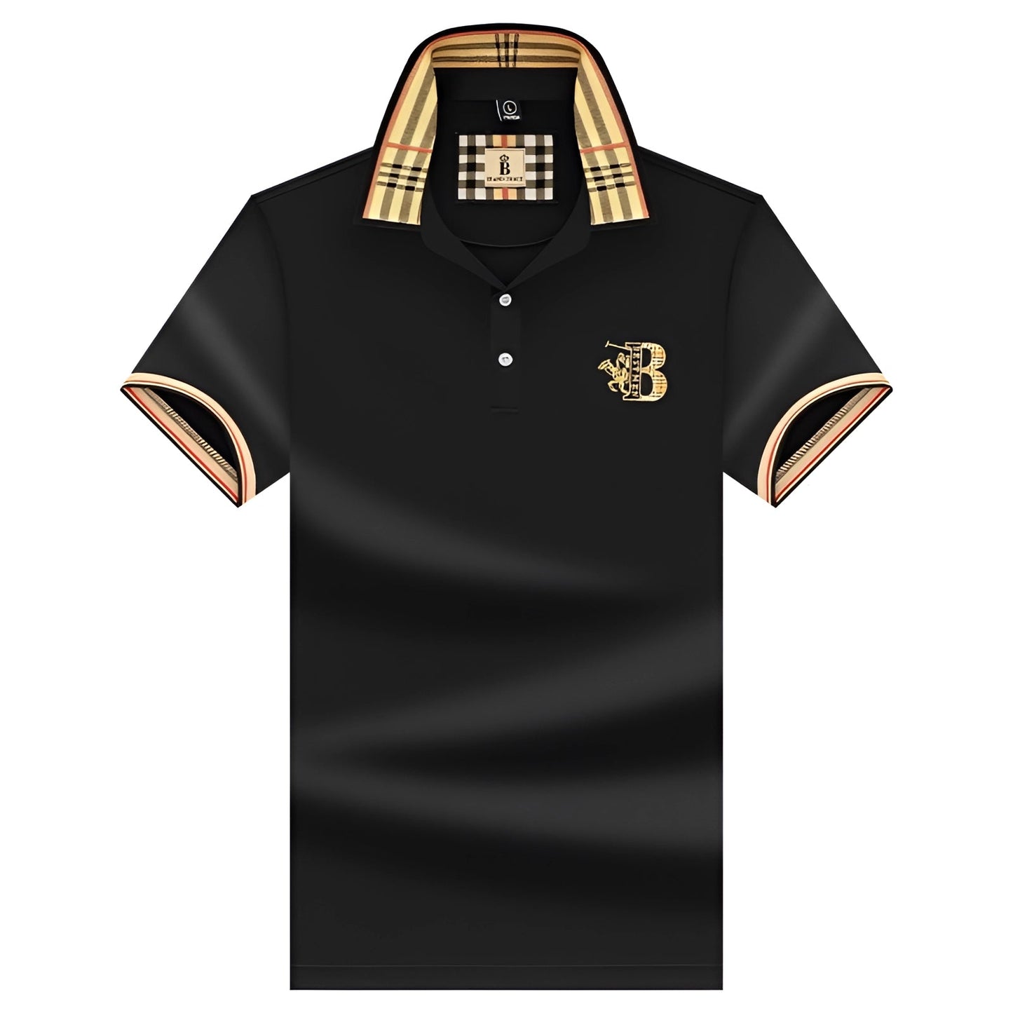 Variant image for Elegant Black Mens Polo Shirt with Plaid Collar & Gold Crest for Comfort-2