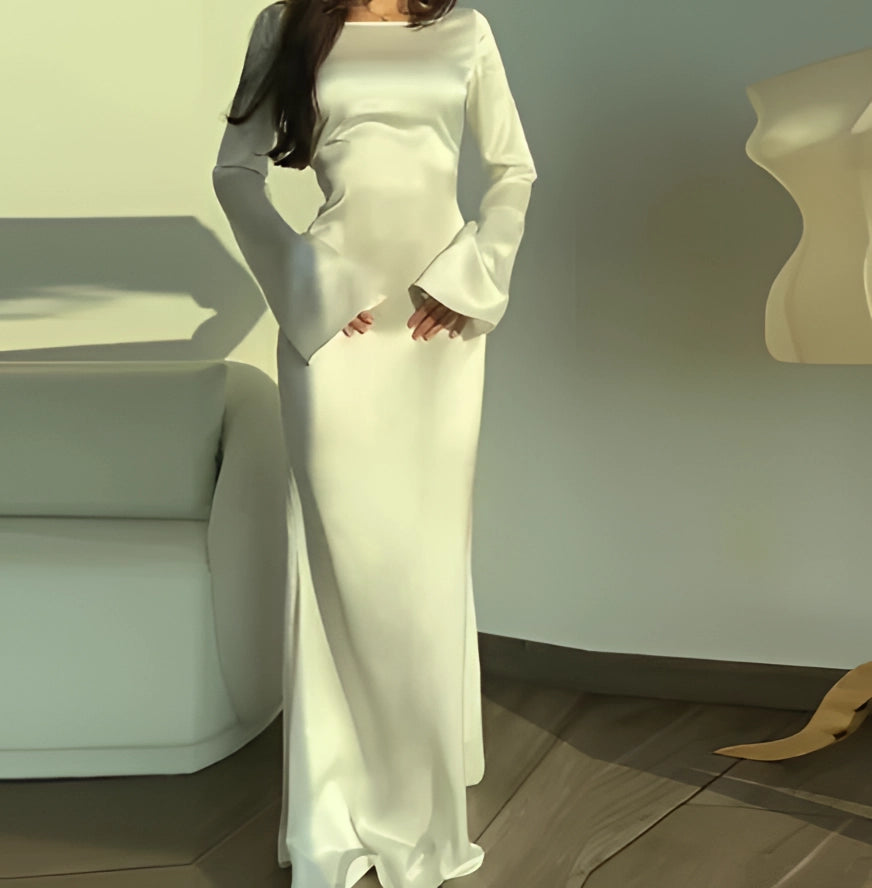 Variant image for Elegant Ivory Long Sleeve Satin Gown - Women's Plus Size Formal Evening Dress-1
