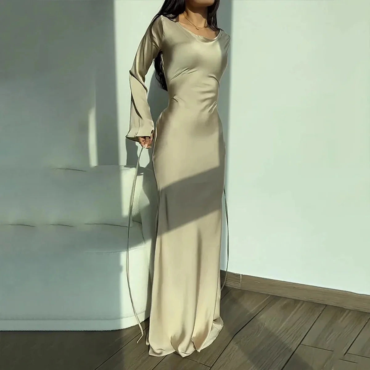 Variant image for Elegant Ivory Long Sleeve Satin Gown - Women's Plus Size Formal Evening Dress-15