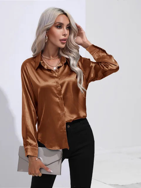 Elegant Women's Satin Long Sleeve Blouse - Loose Fit for All Occasions-4