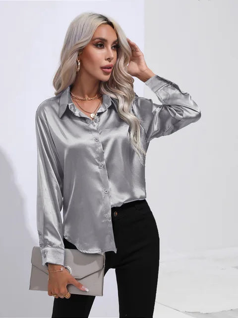 Elegant Women's Satin Long Sleeve Blouse - Loose Fit for All Occasions-2