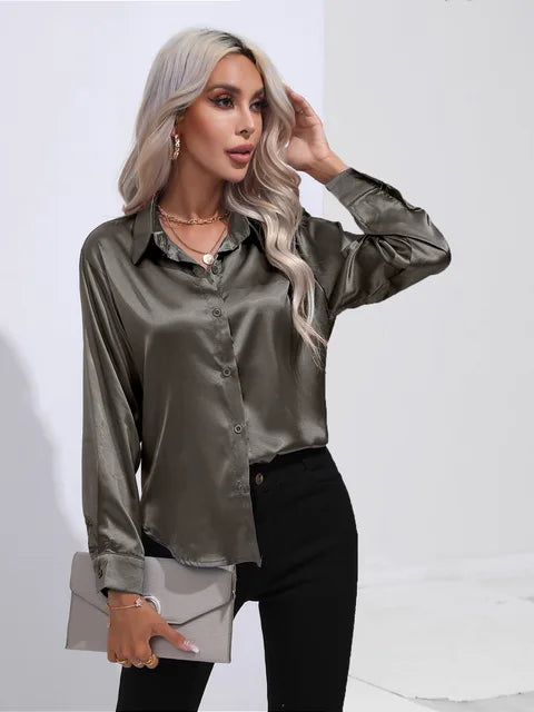 Elegant Women's Satin Long Sleeve Blouse - Loose Fit for All Occasions-5