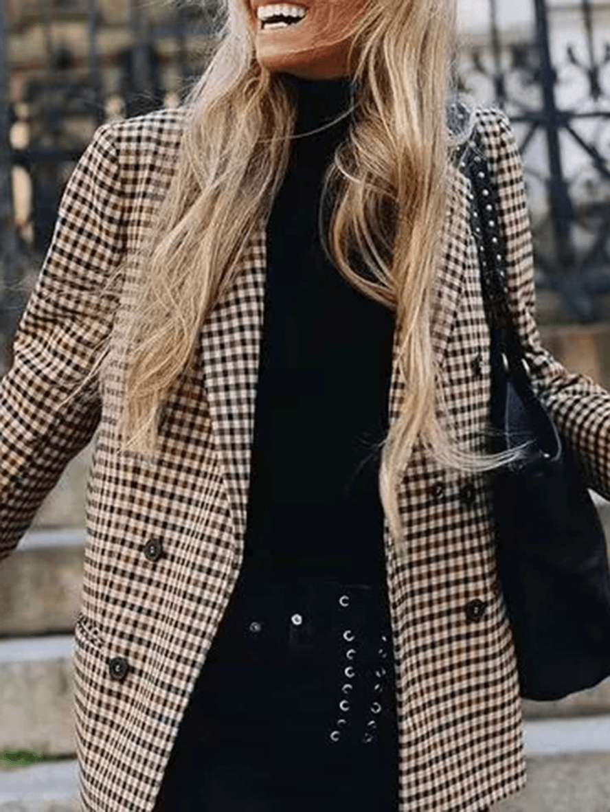 Casual Khaki Oversized Blazer for Women - Timeless Plaid with Pockets-2