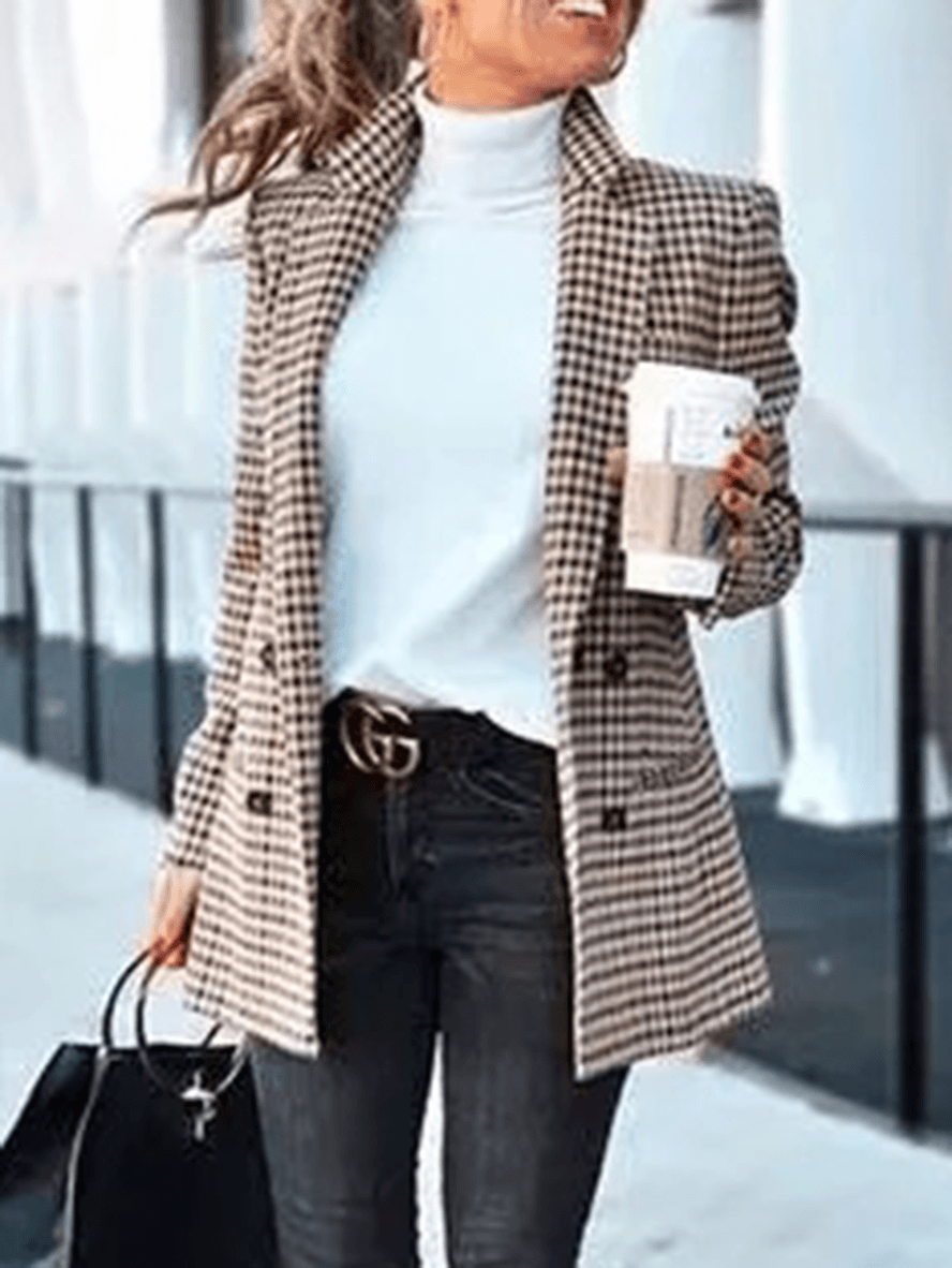 Casual Khaki Oversized Blazer for Women - Timeless Plaid with Pockets-4