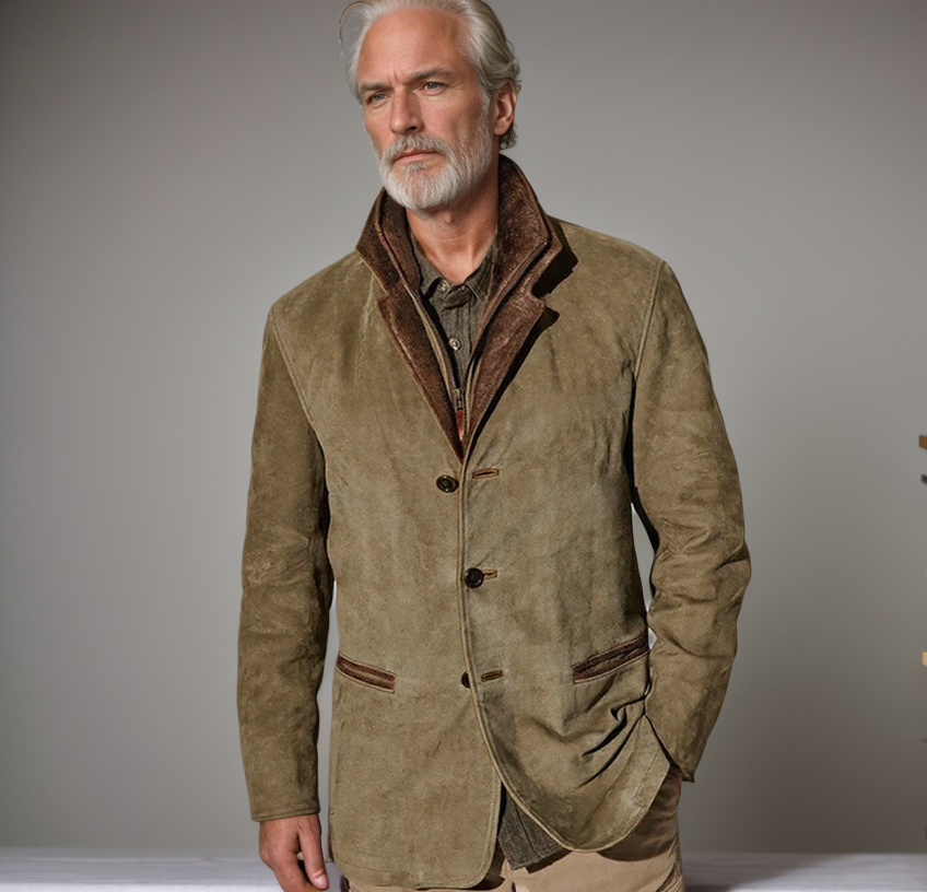 Men's Suede Jacket with Leather Trim - Structured Fit & Classic Notched Lapel-2