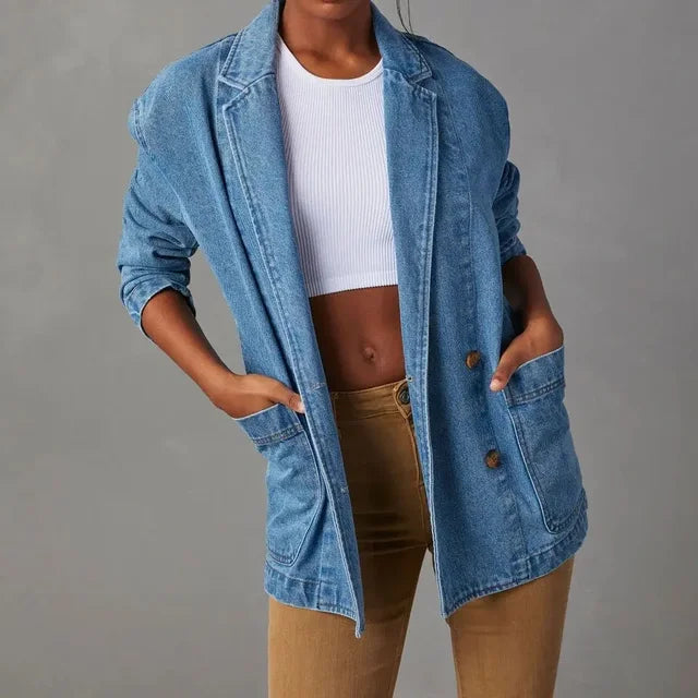 Chic Women's Denim Blazer with Pockets - Versatile Mid-Length Design-2