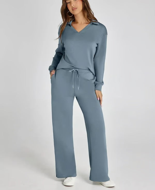 Bella Notte | Women's Two Piece Set – Elegant V-Neck Sweatshirt & Trousers-2
