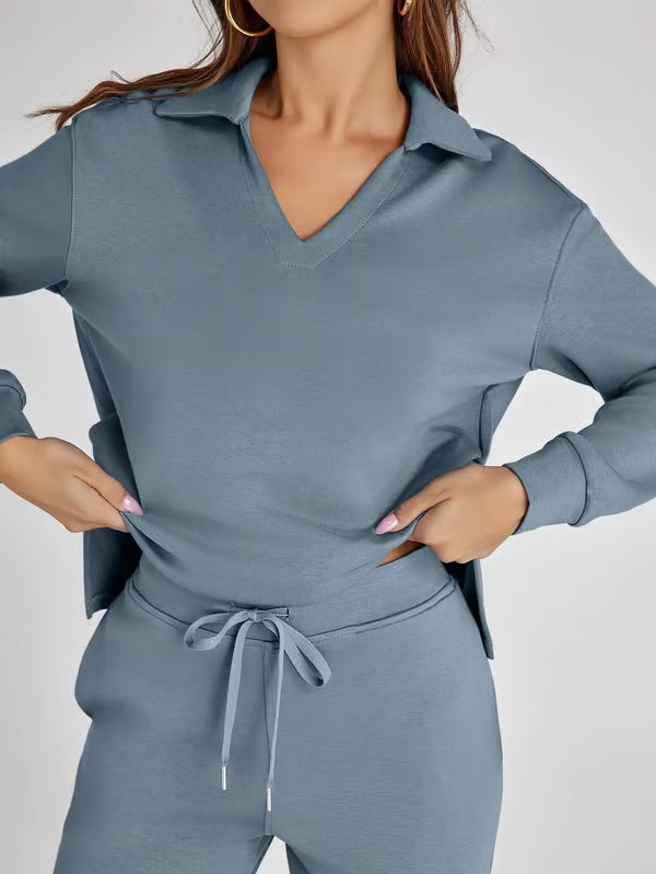 Bella Notte | Women's Two Piece Set – Elegant V-Neck Sweatshirt & Trousers-3