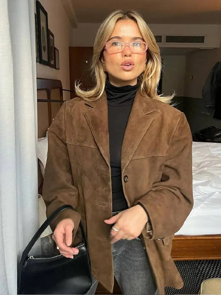 Variant image for Elegant Women's Oversized Brown Suede Trench Coat with Wide Lapel for Autumn/Winter-1