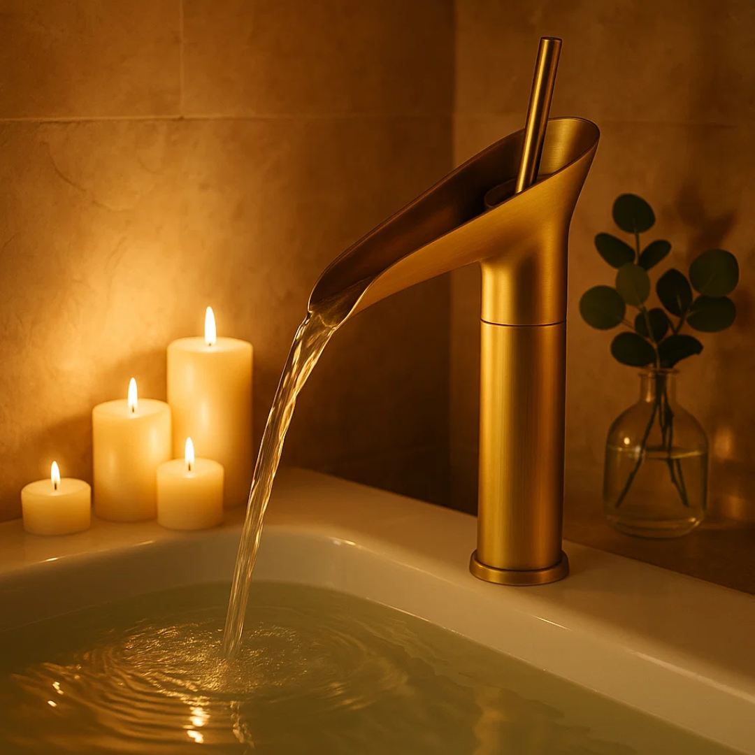 Gold faucet pouring water into a sink with candles and a plant in the background