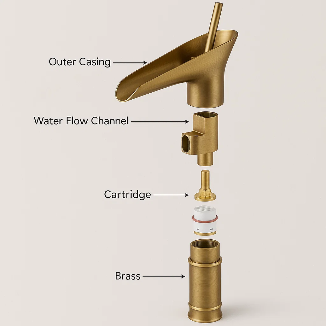 Gold faucet with labeled parts on a beige background