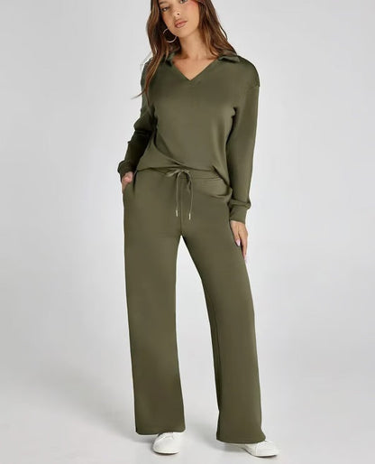 Bella Notte | Women's Two Piece Set – Elegant V-Neck Sweatshirt & Trousers-1