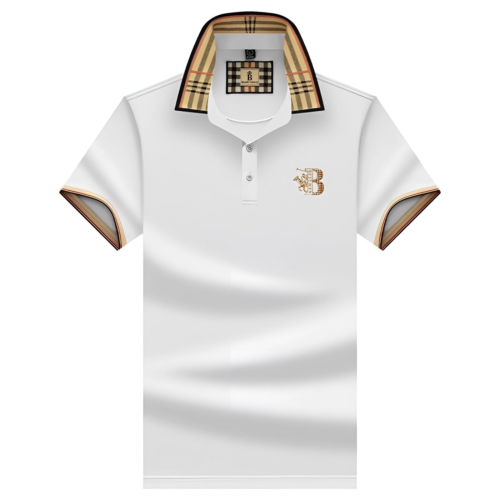 Variant image for Elegant Black Mens Polo Shirt with Plaid Collar & Gold Crest for Comfort-7
