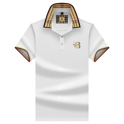 Variant image for Elegant Black Mens Polo Shirt with Plaid Collar & Gold Crest for Comfort-7
