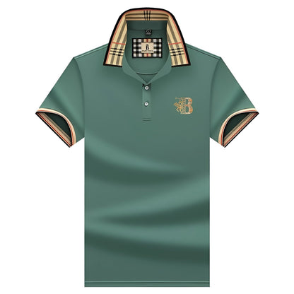 Variant image for Elegant Black Mens Polo Shirt with Plaid Collar & Gold Crest for Comfort-25