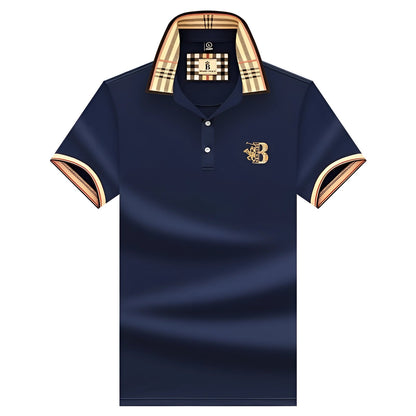 Variant image for Elegant Black Mens Polo Shirt with Plaid Collar & Gold Crest for Comfort-13