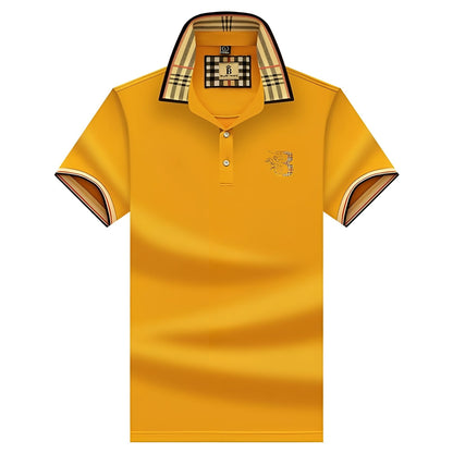 Variant image for Elegant Black Mens Polo Shirt with Plaid Collar & Gold Crest for Comfort-31