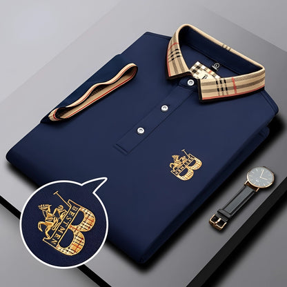 Elegant Black Mens Polo Shirt with Plaid Collar & Gold Crest for Comfort-4