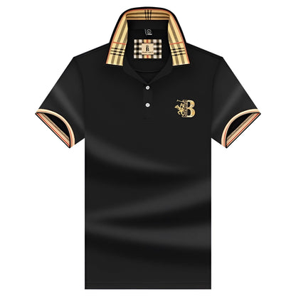 Variant image for Elegant Black Mens Polo Shirt with Plaid Collar & Gold Crest for Comfort-2