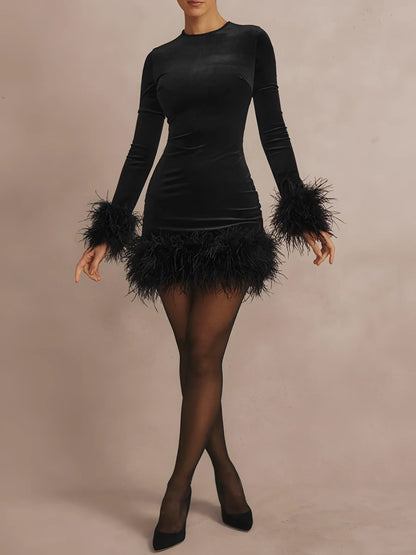 Elegant Black Feather Trim Long Sleeve Mini Dress - Women's Cocktail Dress-2