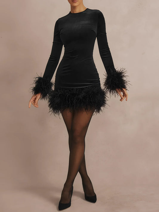 Elegant Black Feather Trim Long Sleeve Mini Dress - Women's Cocktail Dress-2