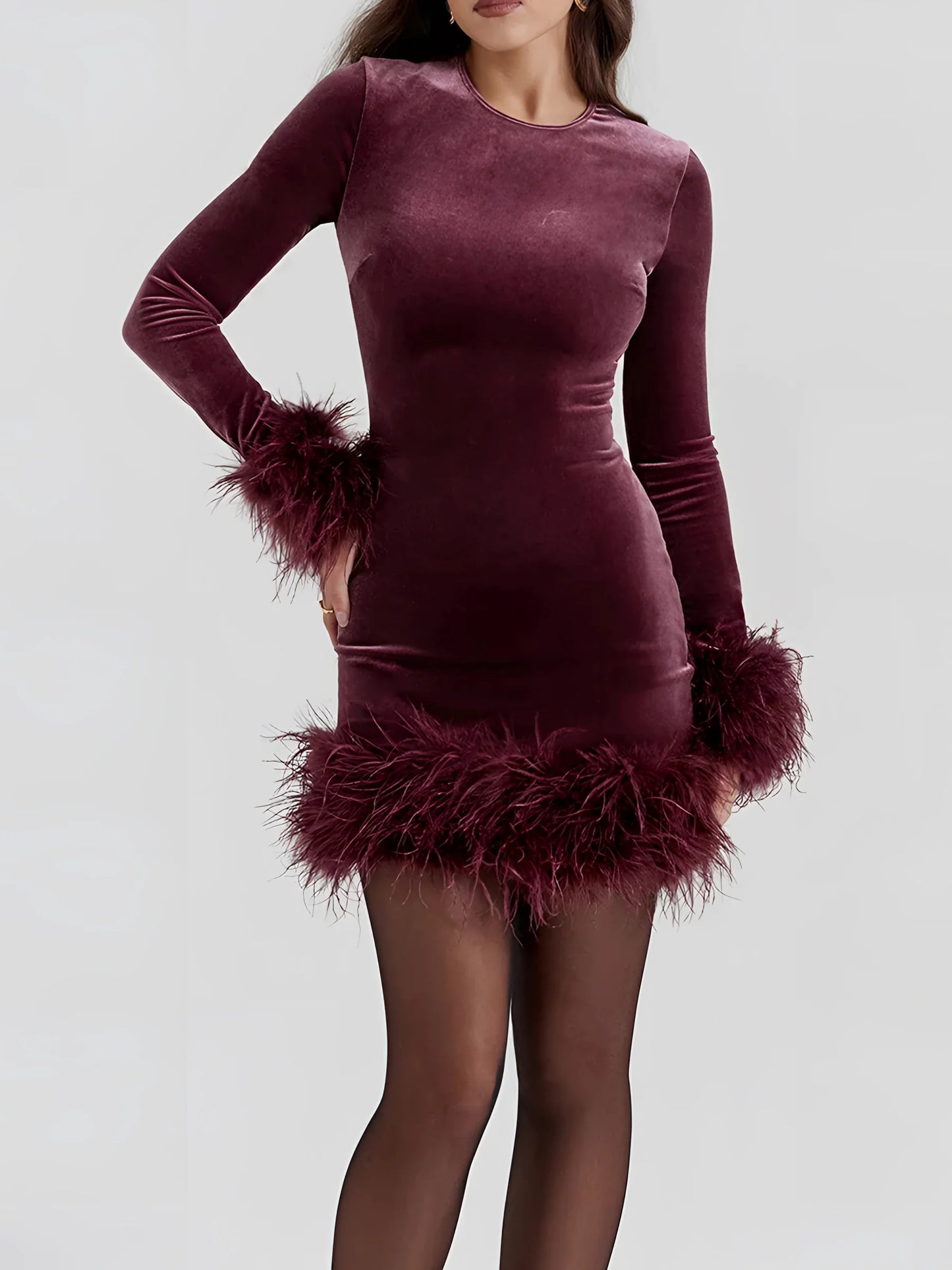 Variant image for Elegant Black Feather Trim Long Sleeve Mini Dress - Women's Cocktail Dress-3