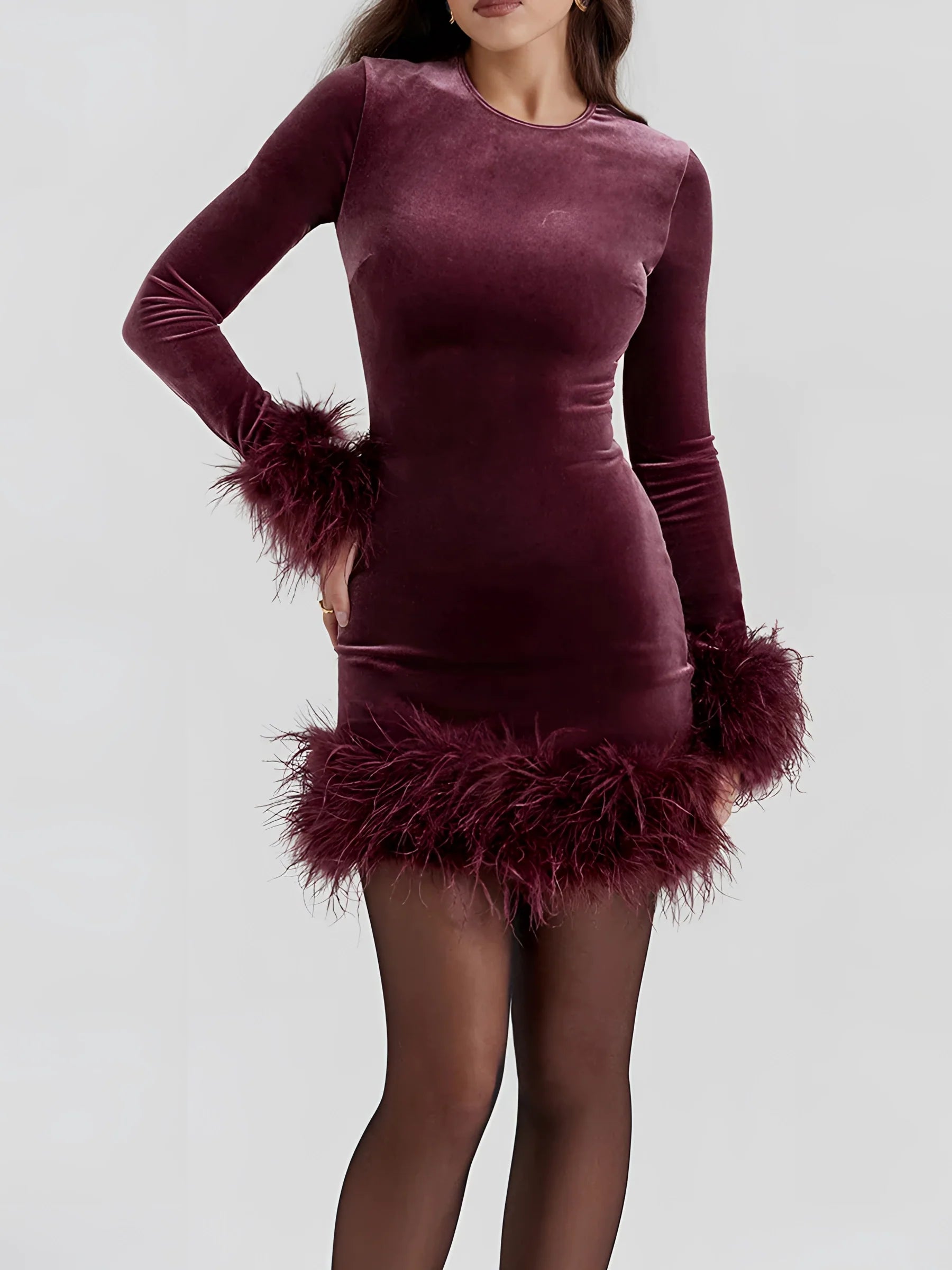 Variant image for Elegant Black Feather Trim Long Sleeve Mini Dress - Women's Cocktail Dress-3