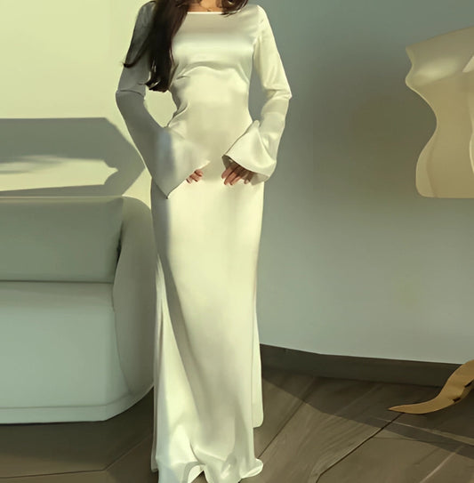 Variant image for Elegant Ivory Long Sleeve Satin Gown - Women's Plus Size Formal Evening Dress-1