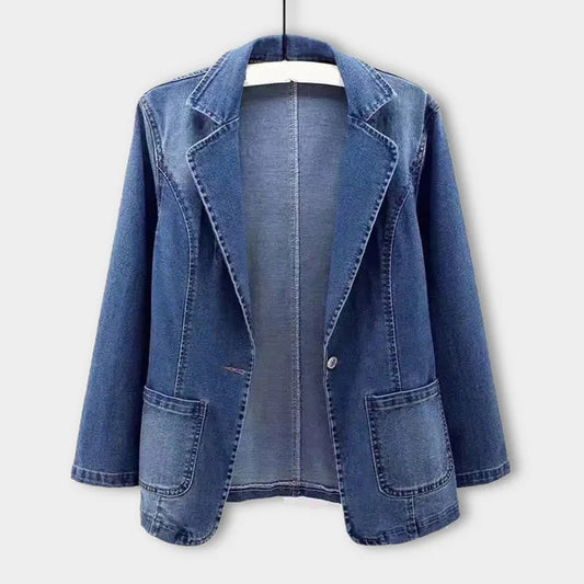 Women's Vintage Blue Denim Blazer with Pockets - Casual Chic All-Season Style-1