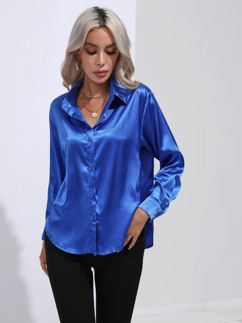 Elegant Women's Satin Long Sleeve Blouse - Loose Fit for All Occasions-1