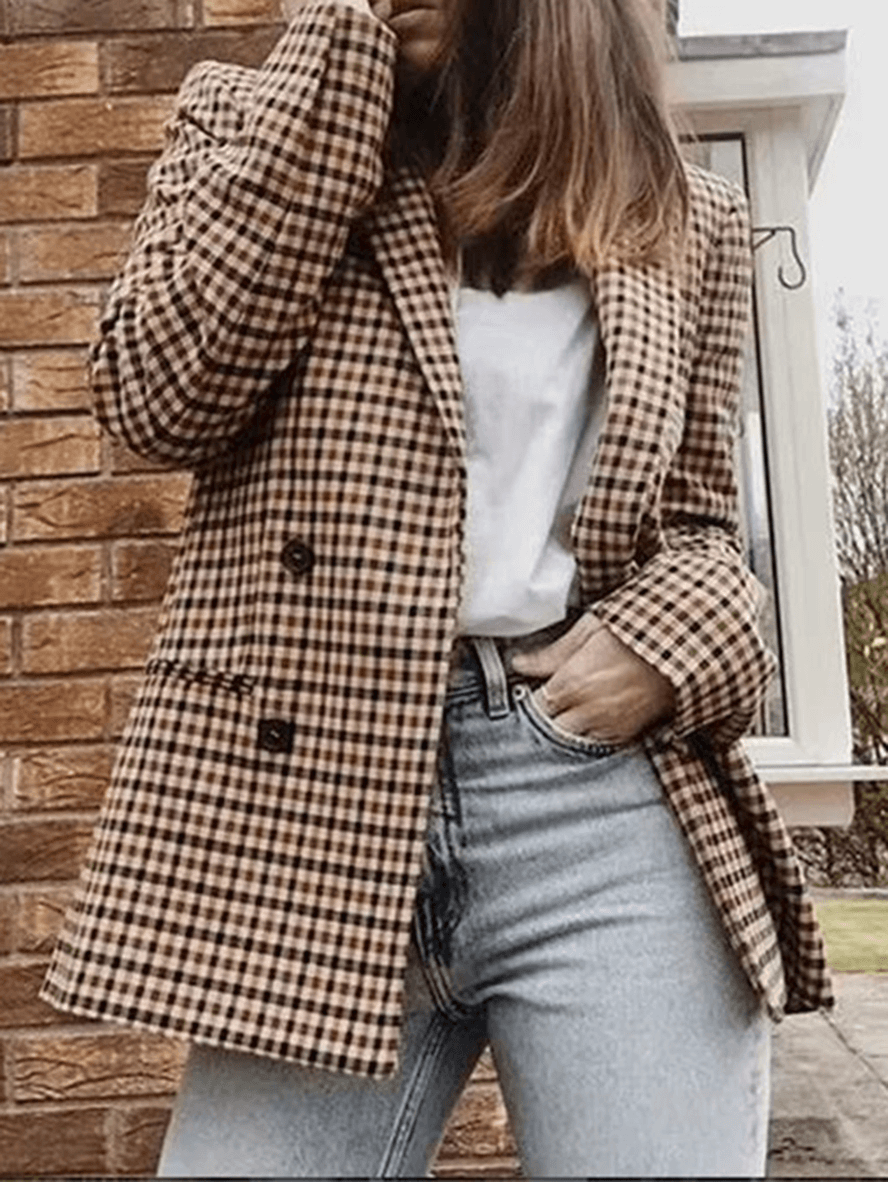 Variant image for Casual Khaki Oversized Blazer for Women - Timeless Plaid with Pockets-1