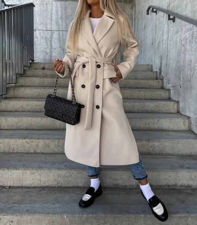 Variant image for Elegant Women's Long Double Breasted Winter Coat with Belt - Stylish Trench Coat-6