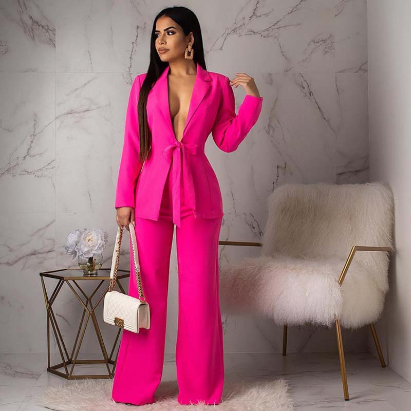 Elegant Women's Blazer and Trouser Set - Deep V-Neck Two-Piece for Casual & Formal Wear-1