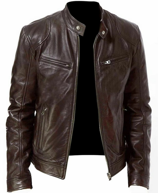 Casual Mens Leather Jacket with Buttoned Collar - Premium Quality & Versatile Style-1
