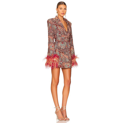 Floral Print Blazer Dress for Women - Stylish V-Neck, All-Season Comfort-4