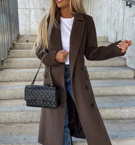 Elegant Women's Long Double Breasted Winter Coat with Belt - Stylish Trench Coat-1