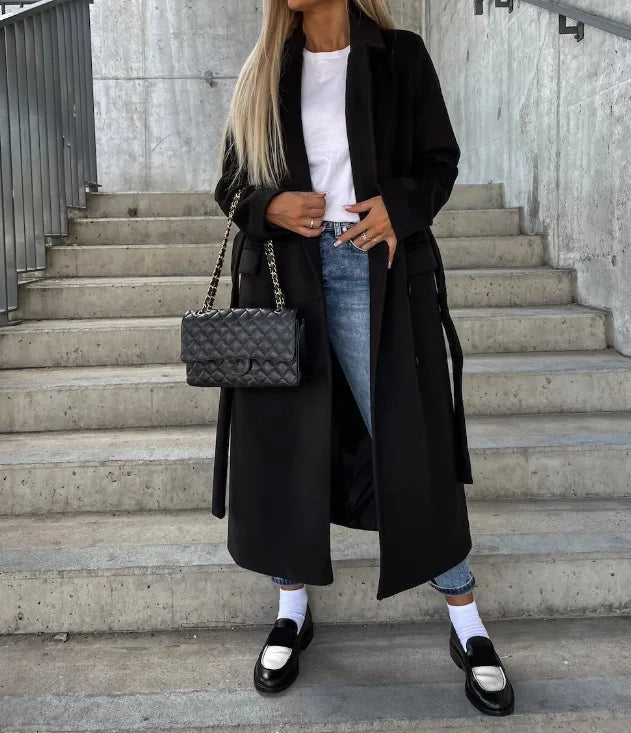 Elegant Women's Long Double Breasted Winter Coat with Belt - Stylish Trench Coat-4