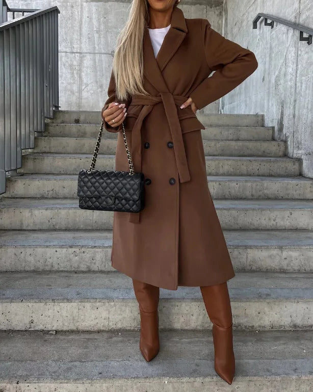 Variant image for Elegant Women's Long Double Breasted Winter Coat with Belt - Stylish Trench Coat-11